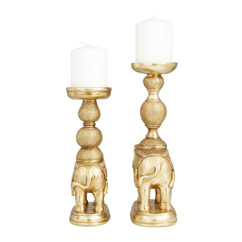 600762 Gold Set Of 2 Gold Polystone Traditional Candle Holders